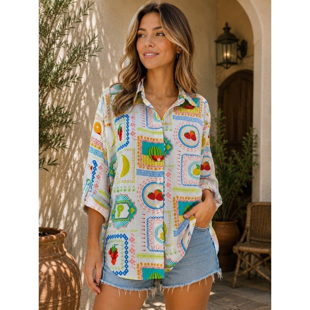 Jane + Delancey Fruit Print Linen‎ Blend Button Front Tunic Shirt 1X Colorful